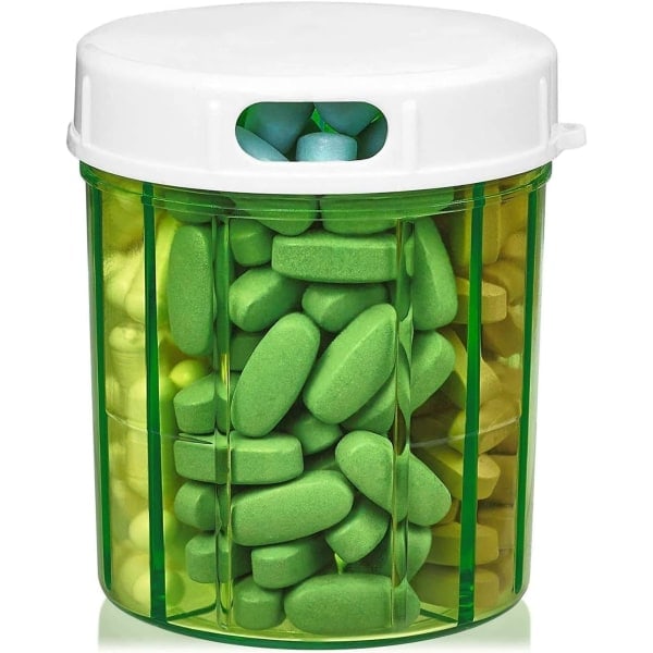 Pill box with 4 compartments, medicine box, vitamins and dietary supplements, round bottle-shaped pill box