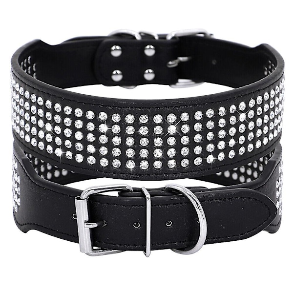 5 Rader Strass PU Läder Hundhalsband Diamant Bling för Stora Hundar 2.0\" bred S:Neck 33-41cm Black