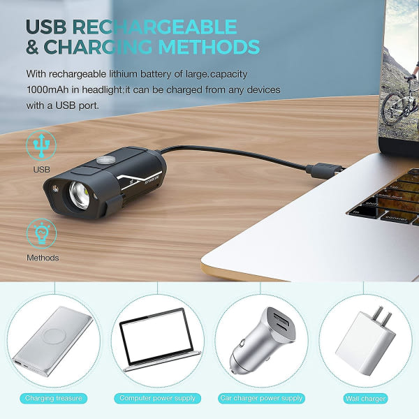 1000 Lumens USB oppladbart sett, 3 LED-sykkelhodelykt Super Bright hodelykt Ipx5 vanntett sykkelsikkerhetslommelykt 360 rotasjons 3-bryter