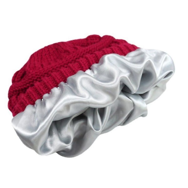 Lazy Winter Beanie, strikket uldhue med satinfor til mænd og kvinder, hættebeanie til at holde varmen (rød)