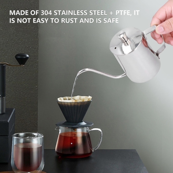 Kaffekjele, rustfritt stål gåsehals vannkoker Mini 350ml lang smal tut Hånddrypp kaffe tekanne med lokk for hjemmekontor[sølv]