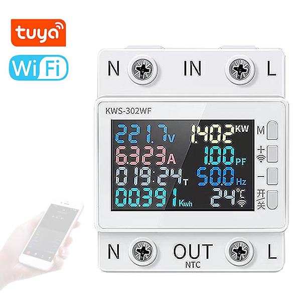 Tuya WiFi 8-i-1 Strømmåler Fargeskjerm 2P Multifunksjonell AC Energimåler Mobiltelefon Fjernstyrt APP C Multicolor KWS-302WF