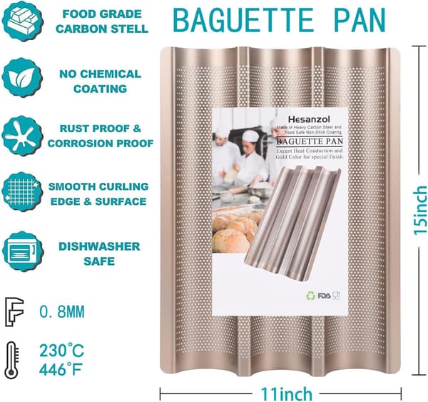 Baguetteformer for baking, karbonstål 3 brød Nonstick Baguette bakebrett for perforert franskbrødform
