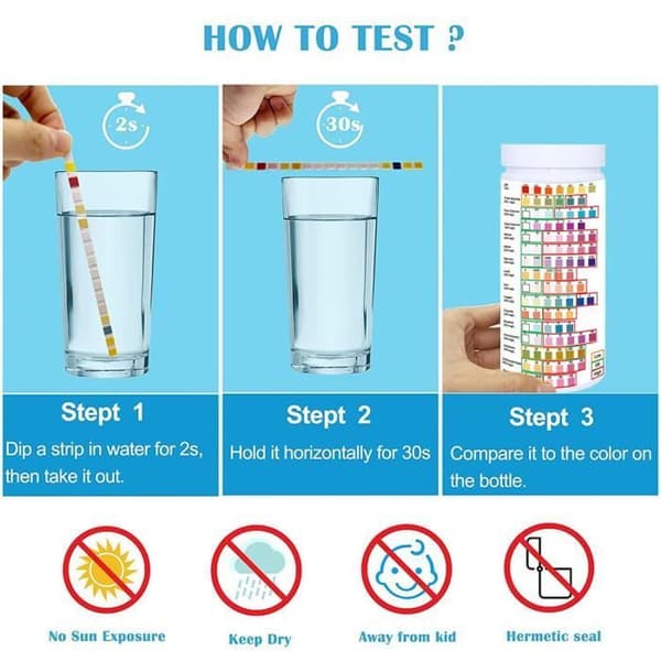 16-i-1 vatten testremsor, analyskit för dricksvatten (förpackning med 100 testremsor + plastslang + droppare)