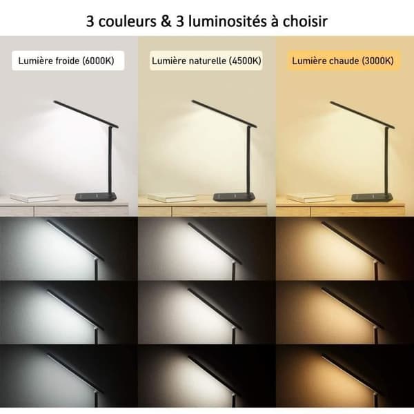 MAGICFOX Dimbar LED Bordlampe, 3 Moduser - 3 Lysstyrkenivåer - LCD-skjerm - Trådløs Ladefunksjon - Gratis LED-pære