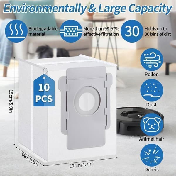 10 dammsugarpåsar för iRobot Roomba i7/i7+/i3/i3+/i4/i4+/i6/i6+/i8/i8+/S9/S9+/j7/j7+/E5/E6/E7,