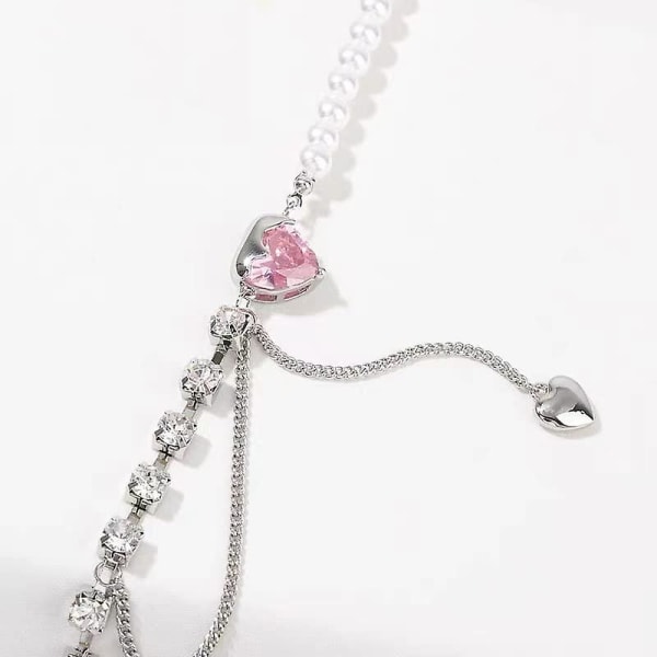 Vintage perlehalskæde med lyserødt krystalhjertevedhæng Elegant krystalædelstenshalskæde rhinstenshjertehalskæde Julegaver