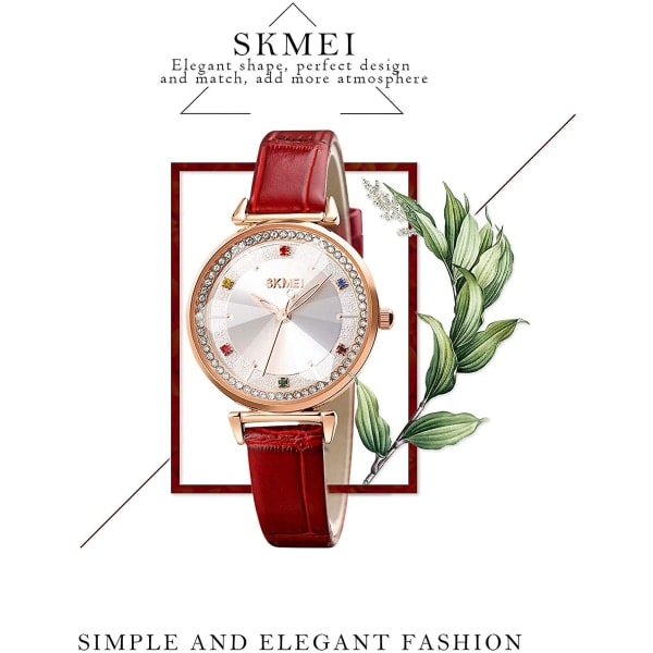 Elegant Kvarts Armbandsur i Läder, Vattentätt red