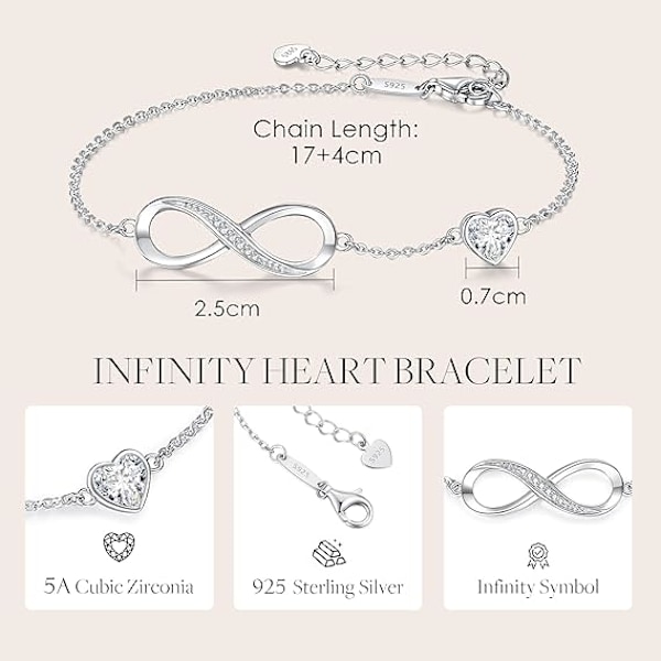 Infinity Armbånd til Kvinder Smykker 925 Sterling Sølv Armbånd Damer Kærligheds Hjerte Armbånd Gaver til Hende Kvinder Hustru Mor White