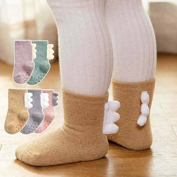 1 Par Toddlerstrumpor Tjocka Söta Sulor 3D Mjuka Håller Varma Korall Fleece Dinosaurie Look Baby Golvstrumpor för Sovning Pink L