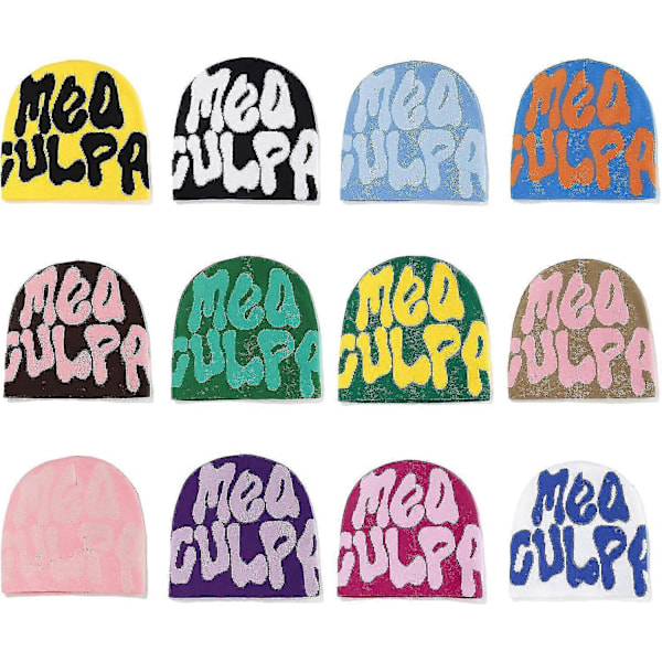 Beanies, bogstaver Print Beanies Mea Y2k Beanies, hat til kvinder mænd, slouchy beanies og strikkede beanies til unisex (sort og hvid) Blue