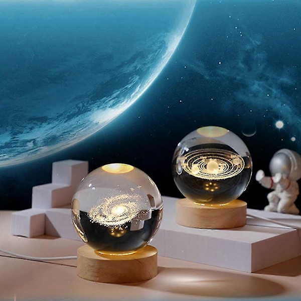 3D Planet Krystallkule Nattelys, Krystallkule med Trebase, 3D Gravert Solsystemplaneter Krystallkule, Hjemmedekorasjon Sun