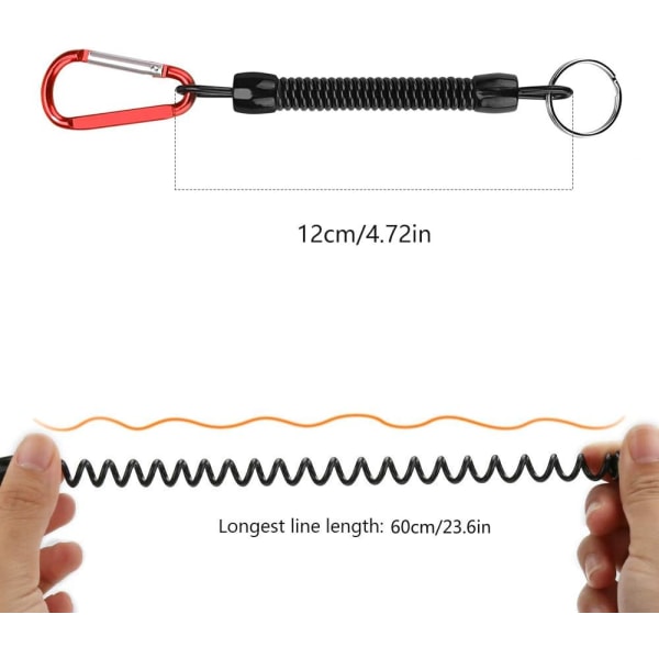 6 st fiskeband med spiralfjäder och karbinhake i färg, spiralfjäder med nyckelring, stöldskydd