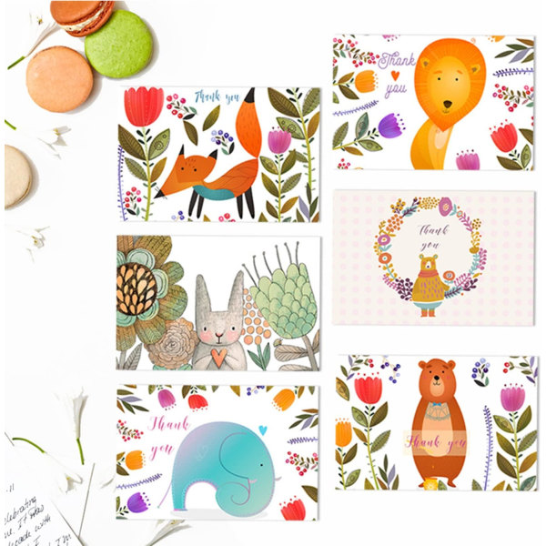 24 pakke takkekort med konvolutter og klistermærker, Søde dyr-temadesign, hver lykønskningskort Multipack indeholder 6 farverige designs