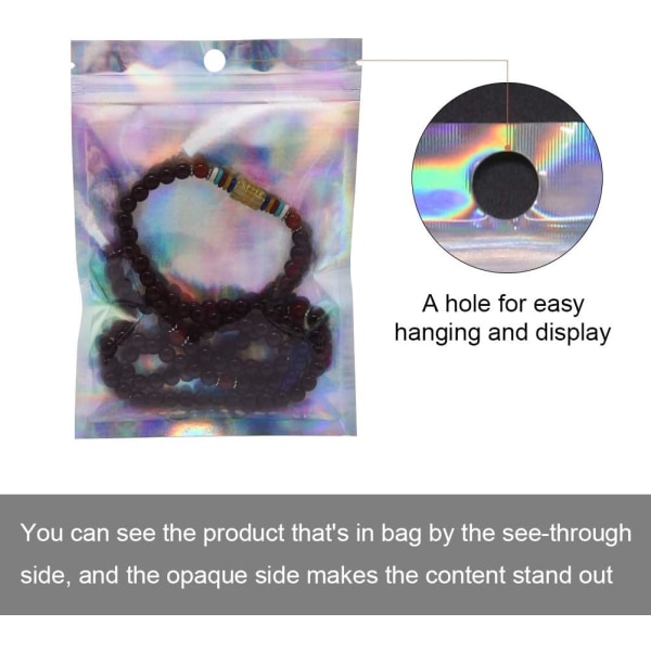 100 stk holografiske mylar lynlåsposer Genlukkelige 10,4 x 14,9 cm, forseglelig folieprøvepose Gaveposer til sliksnack smykker Lash Lip Gloss