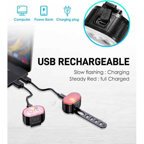 USB-oppladbar sykkellyssett, 350 lumen superlys foran og bak LED-baklys, vanntett IPX5, 4/6 moduser, modusminne