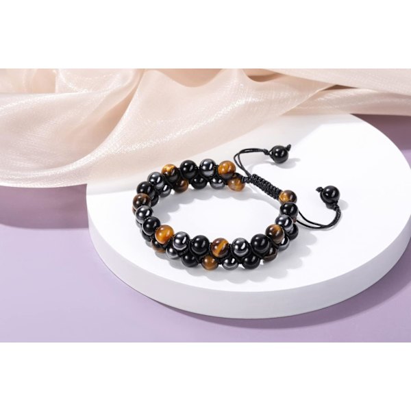 Herrar Svart Obsidian Tigers Eye Hematit Sten Kristall Chakra Pärlor Ångest Dubbla Lager Armband Gåvor till Honom Pojkvän Man
