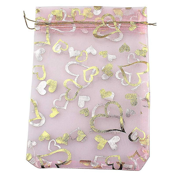 100 stk. 9x12cm Hjertetrykte lyserøde organzaposer Smykkeposeposer Organza snøreposer Bryllup