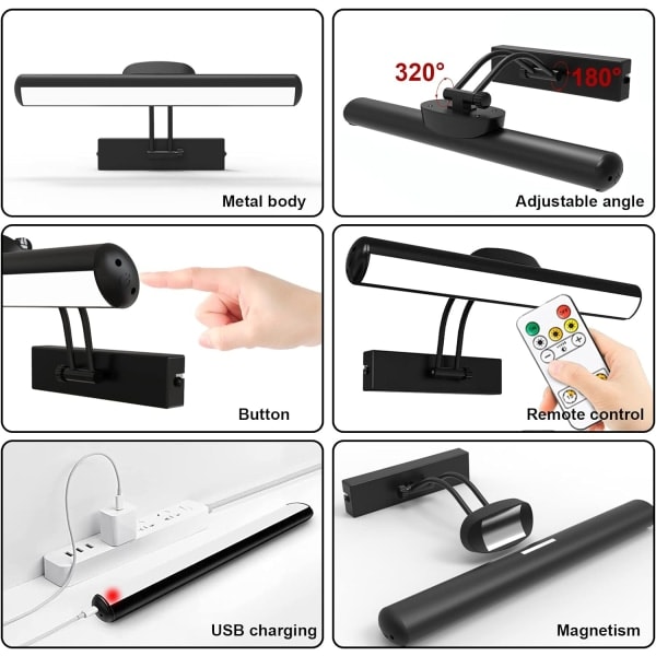 Fjernbetjening Vægskinne, Trådløs LED Billedelys, Roterende LED Lyshoved med Timer, 180° Drejelig Arm Billedelys, Sort, 32cm