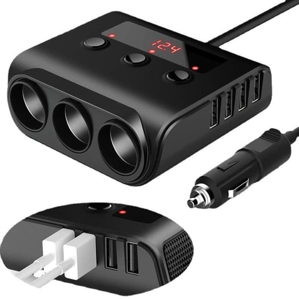 12V billader – 3 sigarettenner + 4 USB-porter, LED sanntids spenningsdisplay