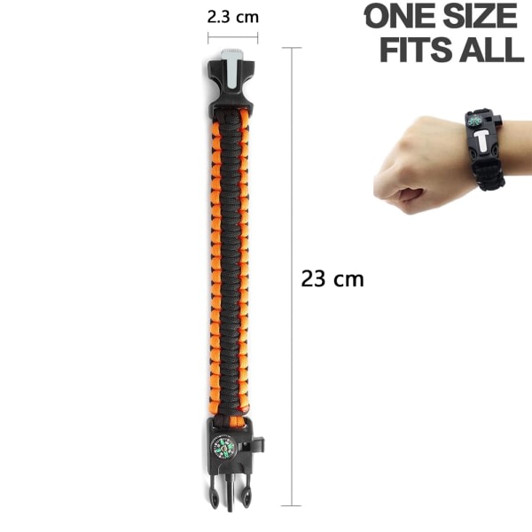 Överlevnadsarmband i paracord 7-i-1 taktiskt armband - nöd orange och svart