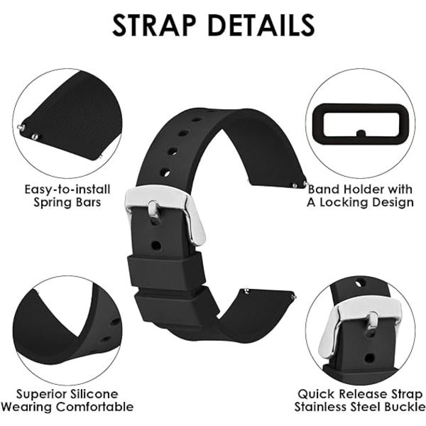 2 stk silikone urremme, med sort eller sølv rustfrit stålspænde kompatibel med Smart Watch Sportur håndledsremme til mænd, kvinder