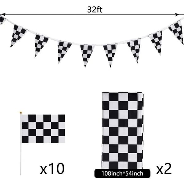 Fødselsdagsdekorationssæt med racer-tema, 10 ternede flag, 9,7 m guirlande, 2 duge, sort og hvid
