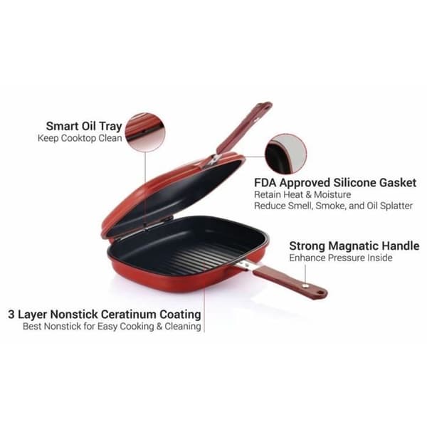 Dobbeltsidig non-stick grillpanne med flat bunn - 28cm - Rød - Magnetisk håndtak