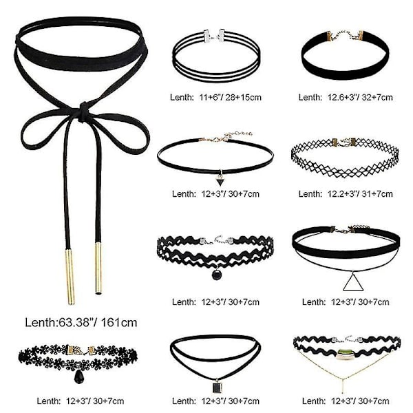 10 stk choker halskjede svart klassisk fløyel stretch gotisk tatovering halskjede