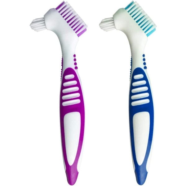 2-pack set med dubbla borsthuvud, bärbar ergonomisk tandprotesrengöringsborste Flerborst tandborste för protesvård (slumpmässig färg)