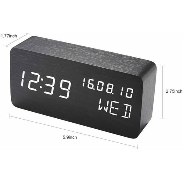 (Träfärg) Digital väckarklocka i trä med ljudkontroll och LED-display, driven av dubbla USB-batterier, tyst LED-klocka