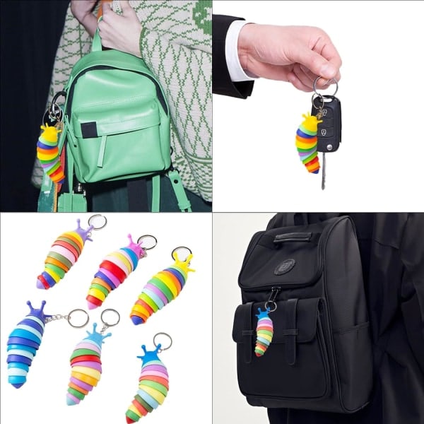 6 stk Mini Fidget Slug Nøkkelringleker, 3D Leddet Strekk Caterpillar Sensorisk Stressavlastning Fleksibel Håndleke