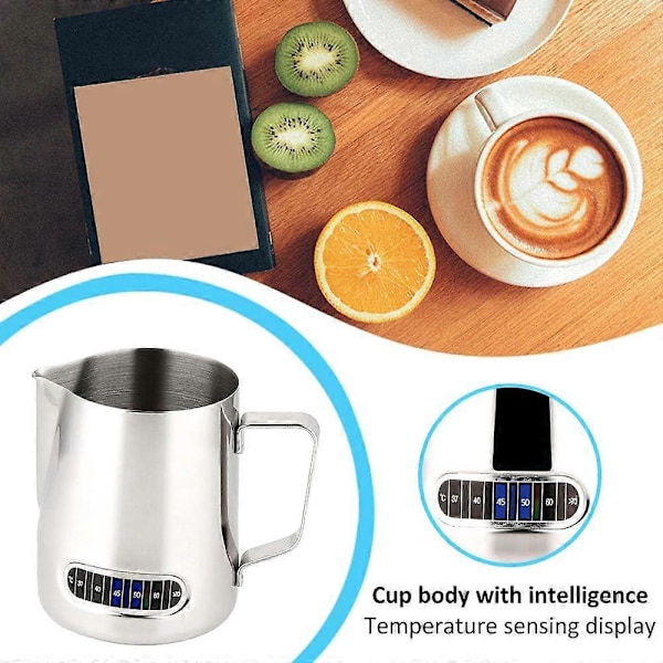 600ml Melkekanne med Skummingspitte, Rustfritt Stål, Kaffe Skummingspitte, med Termometer, for Kaffe Cappuccino Espresso Latte