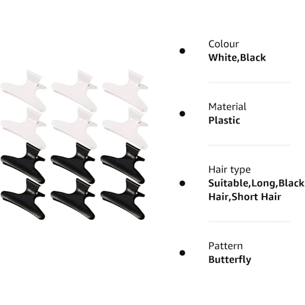 12 st fjärilsklämmor för frisörer, salongshårklämmor, svartvita klämmor