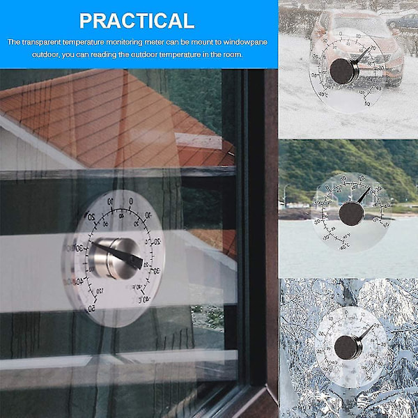 Väggtermometer för fönster, inomhus och utomhus, transparent termometer för hushållet, batterifri självhäftande vattentät klar temperatur, övervakningsmätare