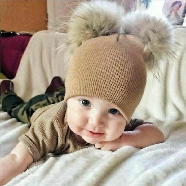 Nyfödd Baby Pojkflicka Dubbel Päls Pom Pom Hatt Vinter Varm Stickad Bobble Beanie Khaki Kids(0-3Y)