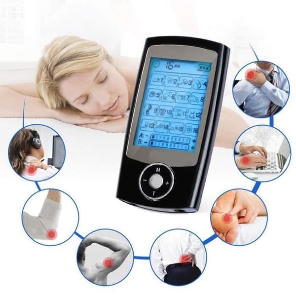 E TENS Elektrostimulator för smärtlindring och EMS muskelstimulering - 16 massageprogram + 8 uppladdningsbara elektroder