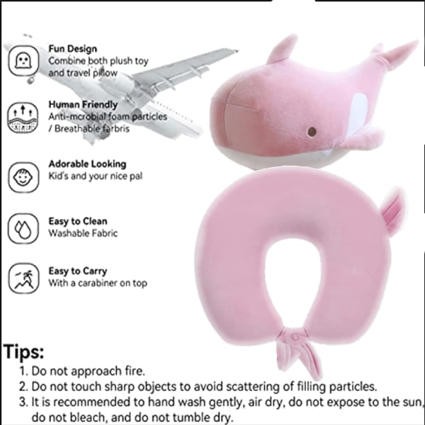 2-i-1 rejsepude til børn - bløde og nuttede dyr, der kan vendes til en U-formet nakkepude - stressaflastning - komfort til fly - lyserød hval