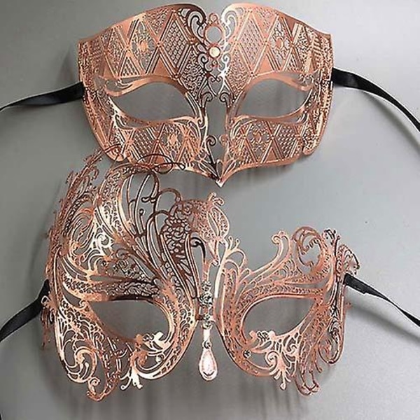 Svart Silver Guld Metall Filigran Laser Skuren Par Venetian Mask Bröllop Boll Mask Halloween Maskerad Kostym Masker Set Rose Gold