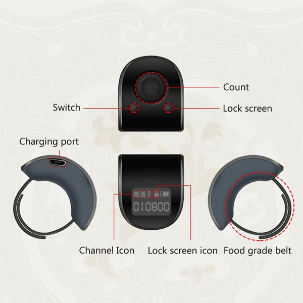 Mini digitaalinen LCD elektroninen sormussormus käsitallylaskuri 6 numeroa ladattavat laskurit Clicker-musta