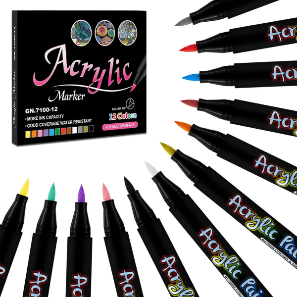 Färgpennor, Akrylpennor med borstspets, 12 färger akrylpennor för stenmålning Glas Trä Keramikhantverkstillbehör, färgmarkörer