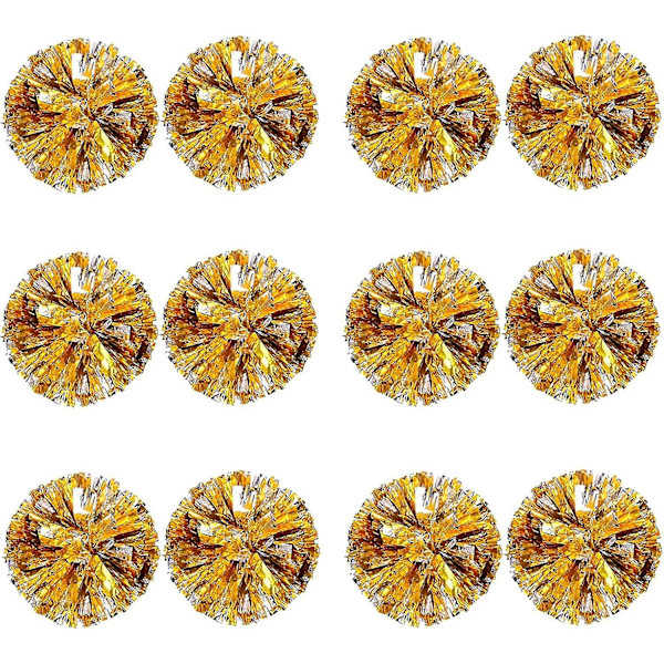 12 stk Cheerleading Pom Poms for Barn, Metallisk Folie & Plast Ring Cheer Pom Poms for Gutter Large Gold Silver 01