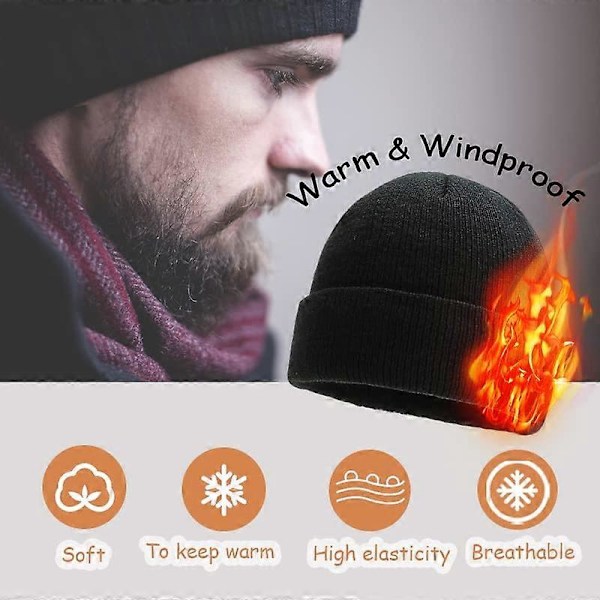 Vinter Beanie Hat til Mænd, Termisk Strikket Hat, Uldhat, Varmt og Åndbart, Sort