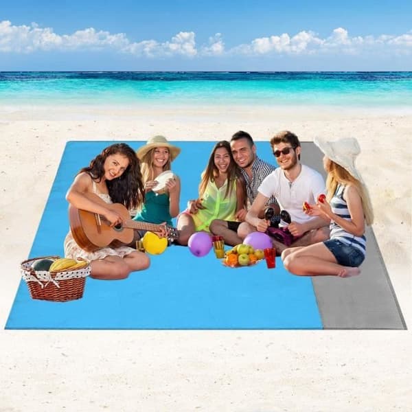 Strandmatte, Sandtett Piknikteppe 210 * 200cm Bærbart Vanntett Sammenleggbart med 4 Plugger for Strand, Camping