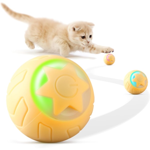 Interaktiv kattelegetøjsbold, kattebolde automatisk bevægende rullende kattelegetøj til indendørs kattekillinger, med 2 tilstande, LED-lys udskiftelige, genopladelige, gule