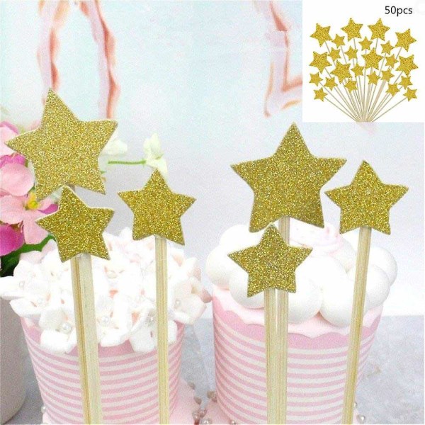 Sett med 50 stk Twinkle Twinkle Little Star Cupcake Toppers Glitter Gold