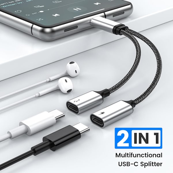 USB C-splitter med PD 60W snabbladdning och dataöverföring (stöder digitala hörlurar, INTE för bildskärm), USB C till USB C honadapter
