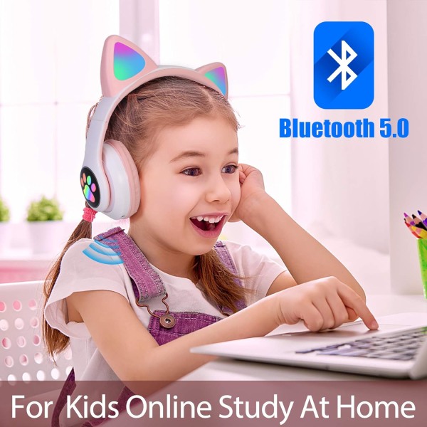 Trådløse hodetelefoner for barn, Bluetooth-hodetelefoner for jenter, katteøre, sammenleggbare LED-belysningshodetelefoner for barn over øret m (rosa)
