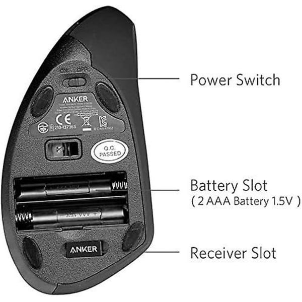 Anker 2,4 g trådløs lodret ergonomisk optisk mus, 800/1200/1600 dpi, 5 knapper til bærbar, stationær, pc