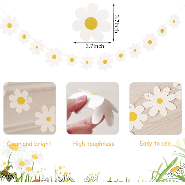 Daisy Bohemian Festbanner, Daisy Girlande Kit Hængende Swils Hippie Festartikler Dekoration til Baby Shower Fødselsdag Bryllup (6stk hvid)